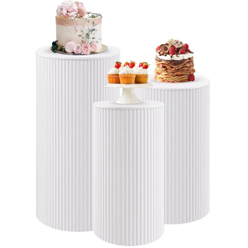 JALANCY Metal Pleated Cylinder Pedestal Stands for Party, 3 Pieces Heavy Duty Round Cake Pedestal Stand Display Plinth Pillars Art Decor for Wedding Ceremony Birthday Party（Medium, White）