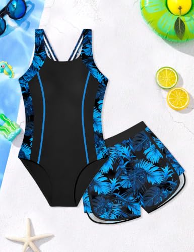 Image of Girls Swimsuit One Piece Swimsuits Color Block Bathing Suit for Girls Adjustable Strap Padded Swimwear with Shorts