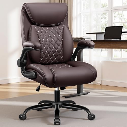 Image of BESTFAIR Office Chair, Executive Computer Desk Chair with Lumbar Support for Lower Back Pain Relief, Ergonomic Leather Home Chair Comfy with Padded Flip-up Arms and Adjustable Armrests, Coffee