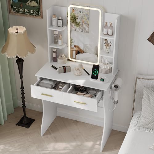 Image of HUANLEGO Small Pink Vanity Desk with Mirror and Lights for Women Girls | Vanity Mirror with Lights, 3 Lighting Adjustable, LED Light Strips, Built-in Power Outlet, Compact Dressing Table For Girls