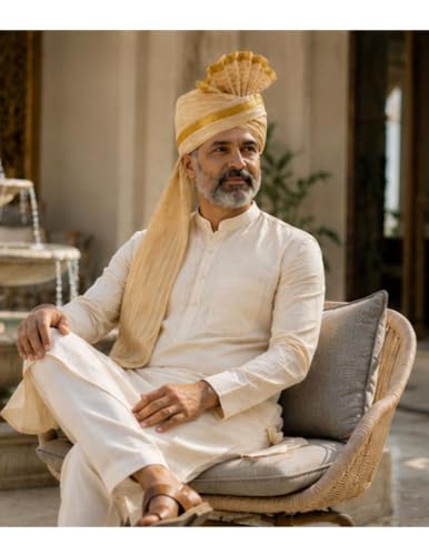 Image of BookMyCostume Traditional Rajasthani Safa & Barati Pagdi Collection - Pre-Stitched Ethnic Turbans, Bandhani /Leheriya Headwear For Weddings, Cultural Folk Dance & Festival Pagdi for Adults