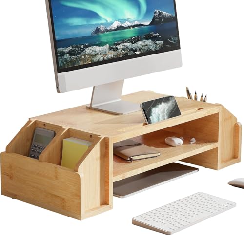 Image of VBM Monitor Riser Stand Bamboo Computer Laptop, Printer, PC with Storage Slot Adjustable Desktop Stand For Home , Office (wooden monitor stand)