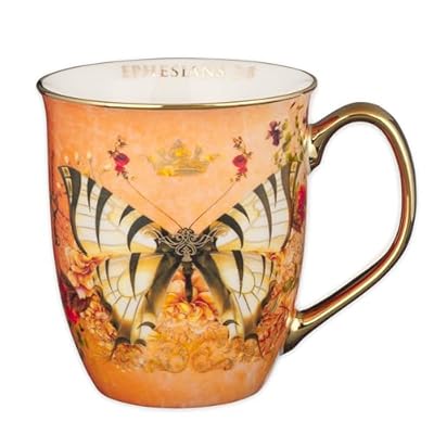 Christian Art Gifts Orange Butterfly Ceramic Coffee Mug with Gold Accents – 14 oz. Lead & Cadmium-free Inspirational Scripture Coffee and Tea Mug for Women & Men with Bible Verse: Grace –Ephesians 2:8