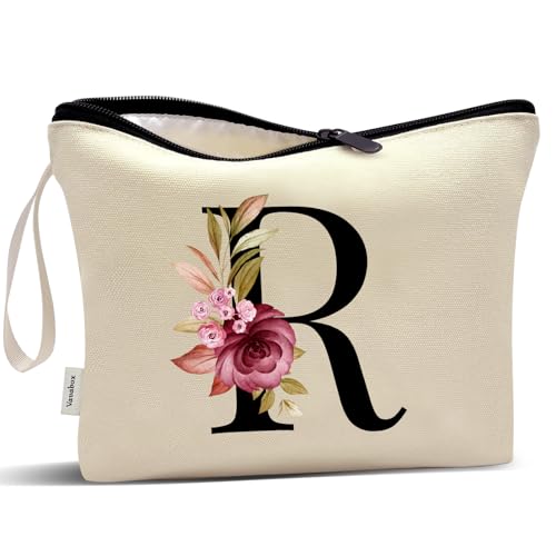 Image of Vavabox A-Z Personalized Makeup Bag, Birthday Gifts for Women Mom, Gifts for Best Friend, Bride Bridesmaid Cosmetic bag (R, Cream Yellow)