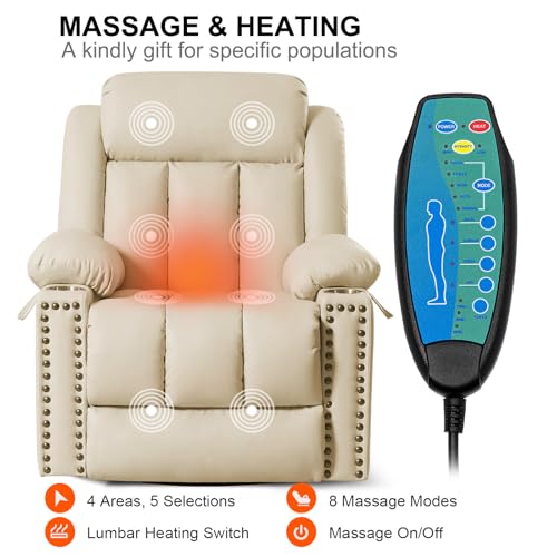 SENYUN Oversized Recliner Chair,Overstuffed Manual Swivel Rocker Recliner with Massage and Heating, Classic Breathable Leather Single Sofa Chair for Living Room,Theater,1PC,Beige