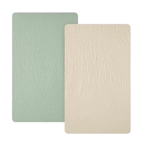 Image of david's kids Muslin Mini Crib Sheets, 2 Pack Cotton Pack N Play Sheets for Boys Girls Neutral, Soft Breathable Baby Sheets Fit Pack N Play, Playard and Mini Crib Mattresses, Oat Milk & Sage Green