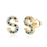 Memorjew Initial Stud Earrings for Women, Hypoallergenic 925 Sterling Silver Post Rainbow Cubic Zirconia Gold Plated 26 Initial Earrings for Women Jewelry Gifts