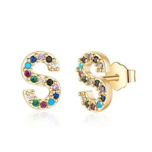 Memorjew Initial Stud Earrings for Women, Hypoallergenic 925 Sterling Silver Post Rainbow Cubic Zirconia Gold Plated 26 Initial Earrings for Women Jewelry Gifts