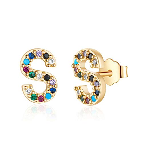 Memorjew Initial Stud Earrings for Women, Hypoallergenic 925 Sterling Silver Post Rainbow Cubic Zirconia Gold Plated 26 Initial Earrings for Women Jewelry Gifts
