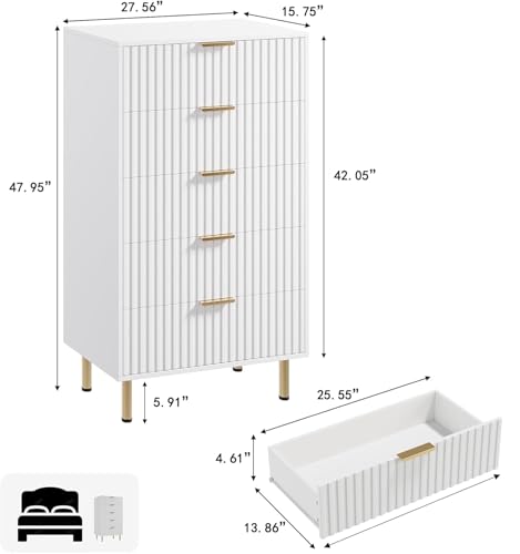 GarveeHome Fluted 5 Drawer Dresser for Bedroom, 48" Tall Modern Chest of Drawers with Deep Drawers and Wide Top, Wooden Dresser Organizer for Living Room, Hallway, Kids Room, White