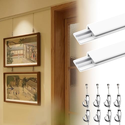 Image of UrbanUp Picture Rail Hanging System 24 inch Track with 2m Long Picture Hanging Cord, 2pcs Picture Hanging Systems White /Black, Indoor Picture Rail Hanging Hooks and Wire Adjustable(White)