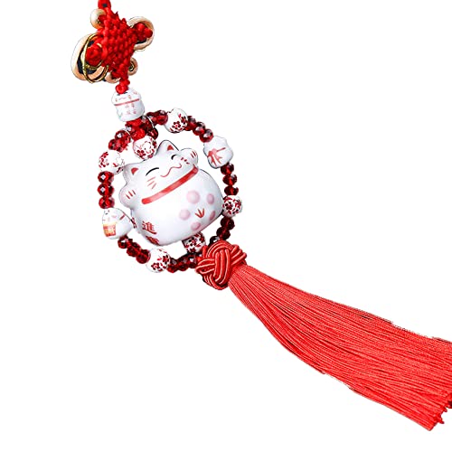 Pendentif de Rétroviseur de Voiture, MoreChioce Ornement en Céramique de Chat Porte-bonheur Mignon Miroir Intérieur Pendentif de Décoration de Rétroviseur pour Voiture Salon de Chambre,Rouge