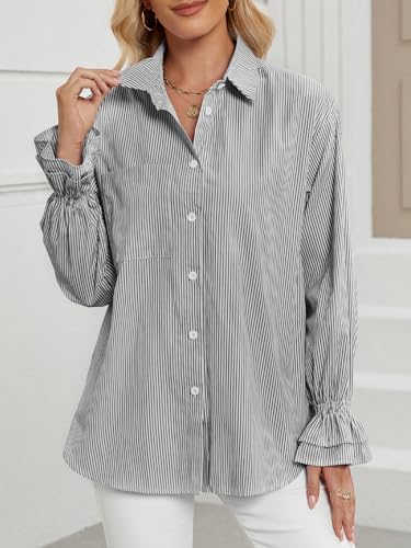 LEMAFER Women's Smocked Cuffed Stripe Boyfriend Button Down Shirts 2025 Collared Ruffle Sleeve Casual Top with Pockets3