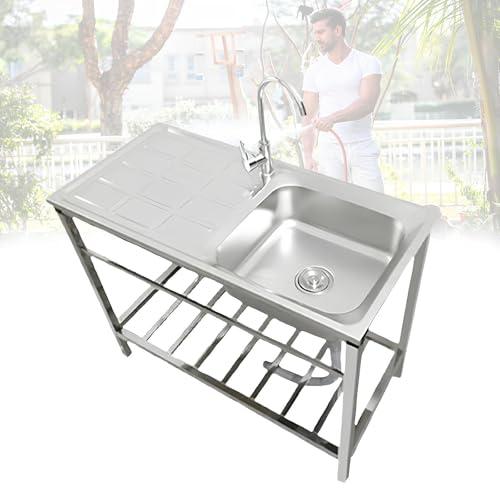 XUQQU Fregadero De Cocina Independiente para Exterior con Soporte, Fregaderos Modernos para Cocina De Acero Inoxidable, Fregadero Cocina 1 Seno con Grifo De Agua Fría para Jardín, Garaje