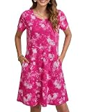 Enmain Kleider Damen Sommer Kurzarm Knielänge T Shirt Kleid Elegant Lässiges Boho Strandkleid mit Taschen, Floral Rosa, 3XL