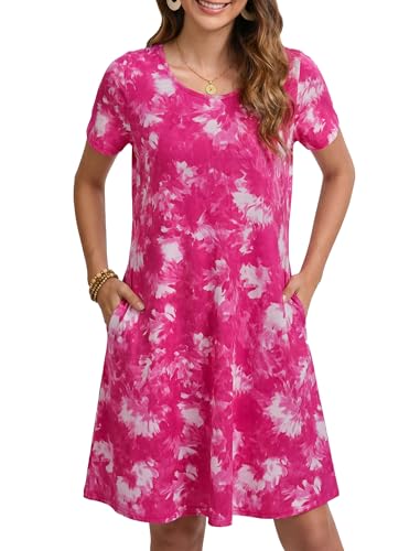 Image of Enmain T-Shirt Dress for Women Summer Short Sleeve Tunic Dress with Pockets Boho Knee Length Ladies Casual Dresses, Floral Pink, 2XL