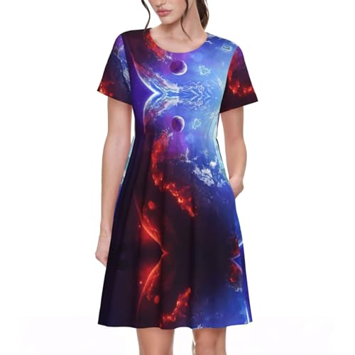 Robe d'été manche courte col rond imprimé 3D espace vêtement femme avec poche