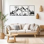 4 Pcs Mountain Scene Metal Wall Decor, Abstract Minimalist Black Mountain Forest Decorative, Rustic Nature Wall Decor for Living Room Bedroom Office (Black)