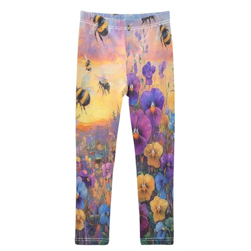 Boccsty Bumblebees Colorful Flowers Painting Girls Leggings Kids Yoga Pants Dance Active Tights 4T