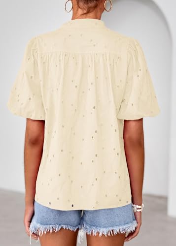 Lazysmile Summer Boho Tops for Women Short Sleeve V Neck Button Down Hollow Out Lace Embroidered Blouses Shirts Apricot — view 2
