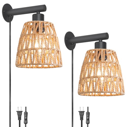 Image of Boho Plug in Wall Sconce Set of 2 - Black Farmhouse Wall Lights with Rattan Shade | Bedroom & Living Room Plug in Wall Lamps for Sofa (5.9FT On /Off Switch Cord)