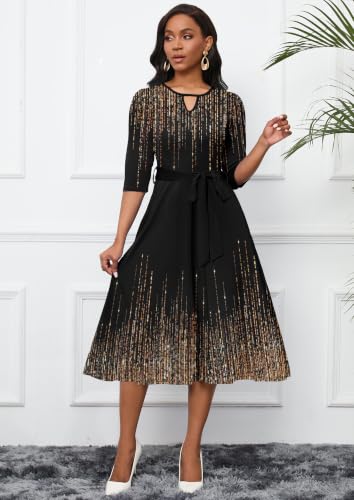 Image of CLOCOR Midi Dresses for Women Casual A-Line Fit and Flare Dress Crewneck 3 /4 Sleeve Keyhole Cocktail Party Church Dress
