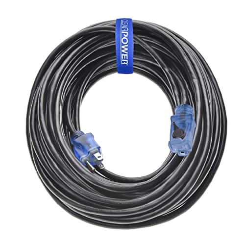 Clear Power 80 ft Outdoor Extension Cord 16/3 SJTW with Lighted Locking Connector, Black, Water & Weather Resistant, Flame Retardant, 3 Prong Grounded Plug, CP10128