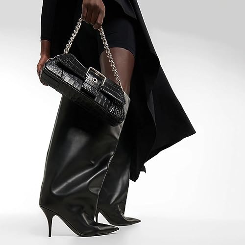 Kluolandi Women's Wide Calf Knee High Boots Stiletto Cone Heel Boots Pointed Toe Pull On Black Boot Heels for Women2