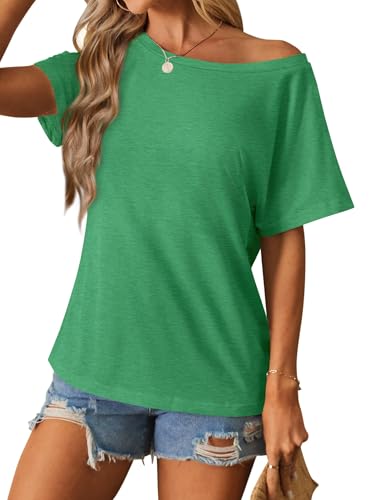 Image of Hilinker Womens Sexy Off The Shoulder Tops Short Batwing Sleeve T Shirt Oversized Casual Tee Green Medium