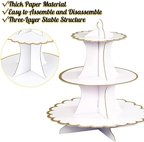 Wood Reusable Bagel Donut Stand, Wooden Donut Wall Stand and White Gold 3-Tier Cardboard Cupcake Stand for Wedding, Birthdays, Party Decoration