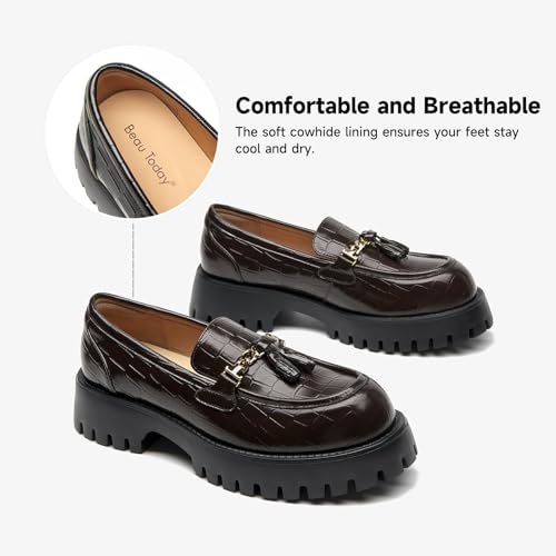 Image of BEAU TODAY Chunky Loafers for Women,Womens Platform Loafer Shoes,Chunky Heel Lug Sole Slip-on Metal Chain Shoes,Comfort Round Toe Business Work Office Shoes