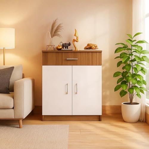 Image of Cabin Multipurpose Storage Unit | Engineered Wood Free Standing Cabinet | Sideboard Storage Organizer with Drawer & Doors | Lyon Teak & White | DIY Assembly