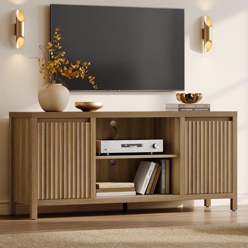 SICOTAS Fluted TV Stand for 55 65 inch TV - Large TV Consoles for Living Room Bedroom, Mid Century Modern Entertainment Center with Storage Cabinet, Wooden Television Stands Media Console, Caramel Oak