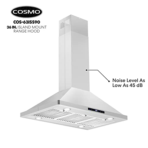 Cosmo Cos-63Iss90 Island Range Hood With 3-Speed Fan, 380 Cfm, Permanent Filters, Led Lights, Soft Touch Controls, Ducted Kitchen Vent Hood Extractor, 36 Inch, Stainless Steel #TOP6