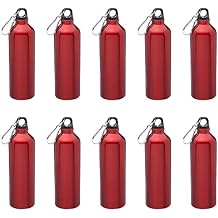 DISCOUNT PROMOS Aluminum Water Bottles with Carabiner 24 oz. Set of 10, Bulk Pack - Perfect for Gym, Hiking, Camping, Running, Mountain Bike, Outdoor Sports - Met Red