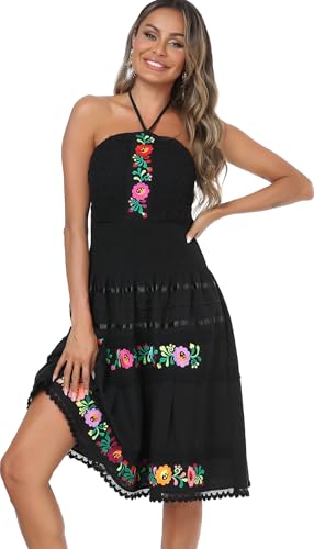 YZXDORWJ Women's Mexican Dress Summer Linen Mini Dress Floral Embroidered Fiesta Dresses