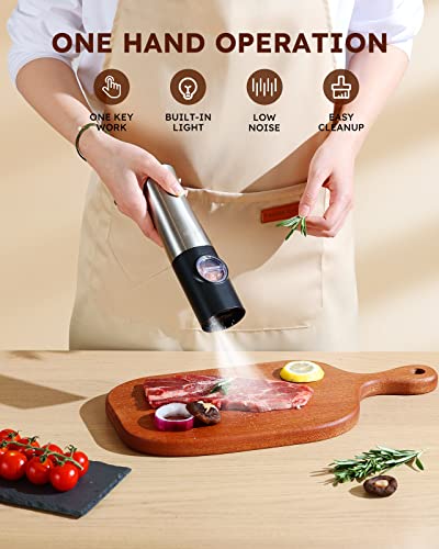 Sangcon Electric Salt And Pepper Grinder Set, Automatic Pepper Mills With Led Light, Battery Powered Salt And Pepper Shakers With Stand, Adjustable Coarseness, One-Handed Operation, Stainless Steel #TOP2
