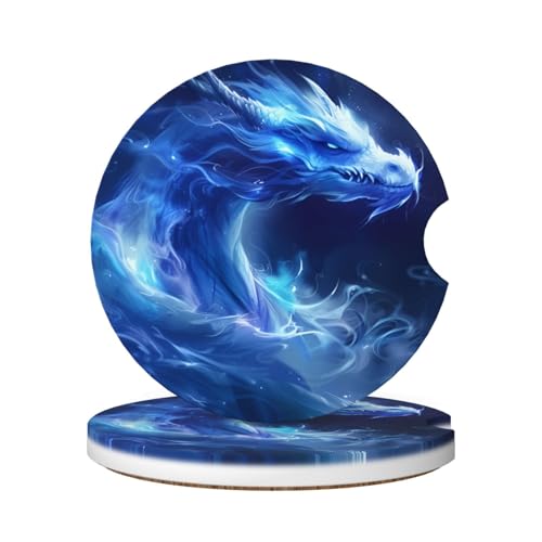 Buyidec Blue Dragon saugfähige Auto-Untersetzer, 2 Stück, Becherhalter, 6,5 cm Keramikstein und kratzfester Korkboden, Getränkeuntersetzer, niedliches Auto-Zubehör für Damen und Herren