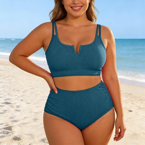 Soupliebe Bikini Oberteil Damen Crossback Große Größen Sexy Bademode Dekorativen Metall V- Ausschnitt Sets Triangel Top Überkreuzten Rückenträgern Strukturierte Sport Set String Blau 4XL-2