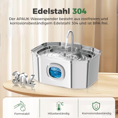 Apauk Katzenbrunnen, Trinkbrunnen für Katze, Trinkbrunnen Edelstahl, Ultraleiser Trinkbrunnen für Katze und kleine Hunde,mit LED-Fenster, S -3.2L Große Kapazität (A-2 Filter & 2 Schwämme) – Produktbild 2