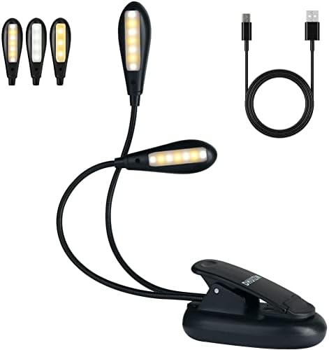 Dhuizm 14 LED Rechargeable Book Light Music Stand Light 2 Goosenecks Light Up 2 Full Pages 9 Brightness Warm & White Clip On Reading Light Perfect for Bookworms, Kids