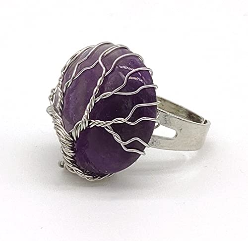 Anello Albero della vita regolabile con cabochon di Ametista, fatto a mano, pietre dure naturali