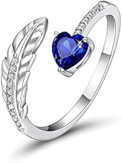 PEARLOVE Silver Feather Ring, Birthstone Open Finger Rings for Women Girls Adjustable Size 6-12