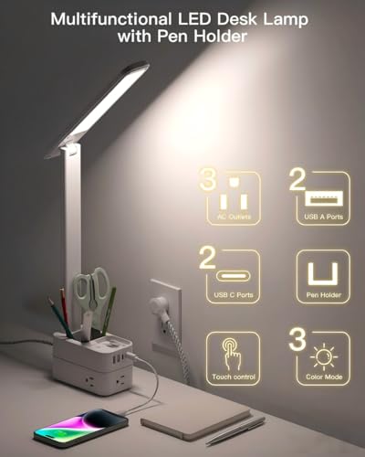 Image of Addtam Desk Lamp with Pen Holder, LED Desk Lamps for Home Office, Power Strip with 3 Outlets 4 USB Charging Ports(2 USBC), 3 Color Modes Touch Lamp, Study Lamps for College Dorm Room Essentials, White