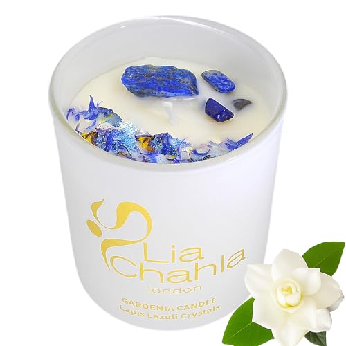 Lia Chahla London Gardenia Soy Candle with Lapis Lazuli Crystals – Natural Aromatherapy Candle – Luxury Scented Candle for Home – Relaxing Gift for Men & Women (Gardenia/Lapis Lazuli, 10 OZ)