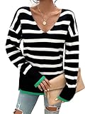 ZYSWCHB Conjuntos Suéteres para mujer Suéter casual suelto de color contrastante con cuello en V y manga larga para otoño e invierno(Black,S)