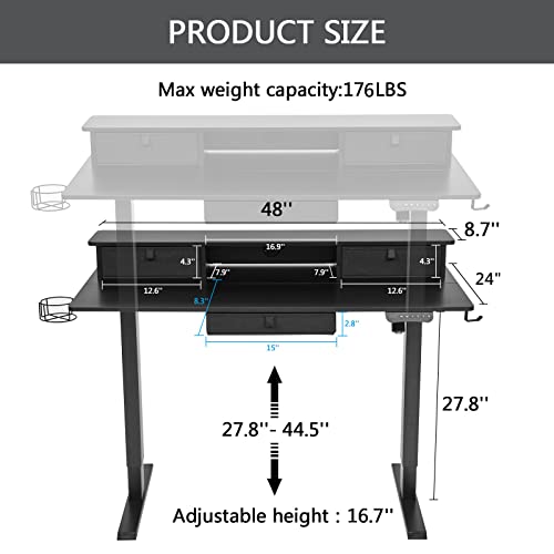 Lagrima Standing Desk With 3 Drawers, Adjustable Height Electric Sit Stand Desk，48 X 24 Inches Stand Up Desk Home Office Desk With 4 Memory Presets, Ergonomic Workstation(Black) #TOP2