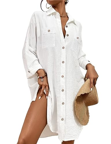 Image of Bsubsach Button Down Swimsuit for Women Sweatshirt Dress with Ruffled Sleeves Beach Shirt