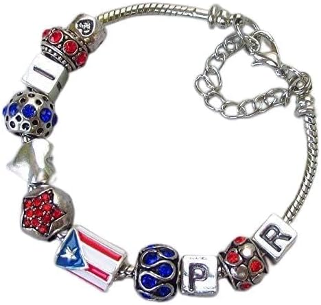 Fits 7.5" Wrist - Puerto Rico European Charm Bracelet with I Love PR and Puerto Rican Flag Bead - Charm Crazy
