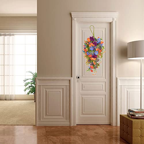 Msuiint 25 In Artificial Flower Teardrop Wreath For Front Door, Spring Summer Swag With Colorful Flower & Green Leaves, Faux Foliage Greenery Wall Hanging Fake Trailing Plants For Wedding Home Decor #TOP3